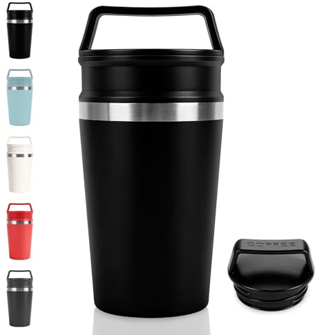 Mug isotherme cafe, 320ml thermos café avec poignée, 304 tasse de voiture avec vouvercle, étanche etcompact, sans BPA, lavable au lave vaisselle pour café chaud et froid, lait et thé (Noir)