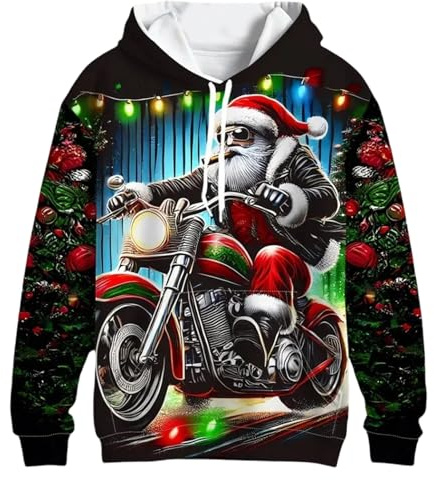 Men's 3D Hoodie with Biker Santa Claus on the Motorcycle, Funny Ugly Christmas Sweater for Men and Rockers