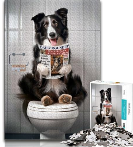 Puzzle Border Collie aux Toilettes, 1000 pièces, pour Adolescents, Cadeaux, Aide Le Cerveau à exercer, Jouets addictifs pour cultiver la Patience, Excellent Cadeau (38x26cm)