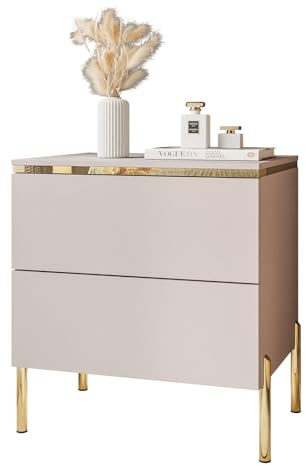 Lookway Nachttisch Aurora II Kaschmir Matt mit LED Beleuchtung Hängend oder auf Goldenen Beinen Gold Dekorative Leiste Modernes Schlafzimmermöbel (mit gerade goldene Chrom-Beine)