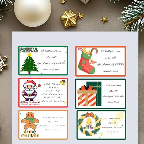 Personalisiertes Weihnachts-Adressetiketten-Set, Urlaubs-Versandaufkleber mit Weihnachtsmann, Weihnachtsbaum, Strumpf, Geschenkbox, Lebkuchenmann, Kranz, Designs, 6 Stile