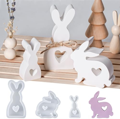YODOYO Stampi in silicone per colata pasquale – Set di 3 stampi per candele da versare come coniglio con scollo a cuore, stampi per cera, gesso, cemento e resina epossidica/resina, decorazione