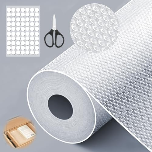 Joyseedi Schubladenmatte Nicht Klebend, Eva Antirutschmatte Schubladen mit 50 Stück Doppelseitige Klebepunkte DIY Zuschneidbar Matten Küchenmatten für Kühlschrank, Regale (Transparent, 30 * 500cm)
