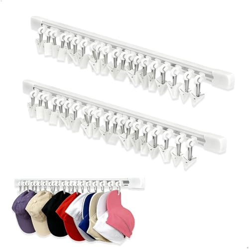 gexuamz Cap Halterung Wand, 2 Stück Cap Halter, Kappenhalter mit 20 Clips, Caps Organizer Selbstklebend, kappen Aufbewahrung für Hängende Mützen, Krawatten, Schals, Handtaschen, Haargummis, 30cm