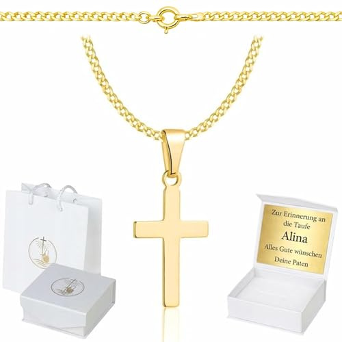 ZELYA Gold kette mit kreuz- vergoldete 925/585 14K Silber Panzerkette für Mädchen & Jungen – 45 cm Kommunionkette mit Kreuz, Kinderkette zur Kommunion & Taufe, Geschenkbox mit Gravur