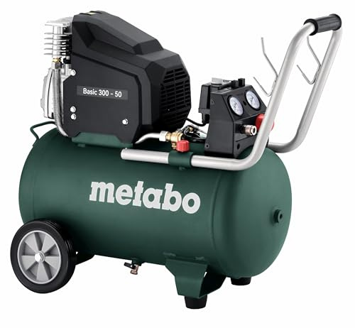 metabo Kompressor Basic 300‑50-150 l/min Füllleistung, 50 l Kesselgröße, 10 bar Druckluftkompressor, 300 l/min Ansaugleistung, 1,8 kW - Ölgeschmiert, mobil & leise, ideal für Werkstatt & Montage
