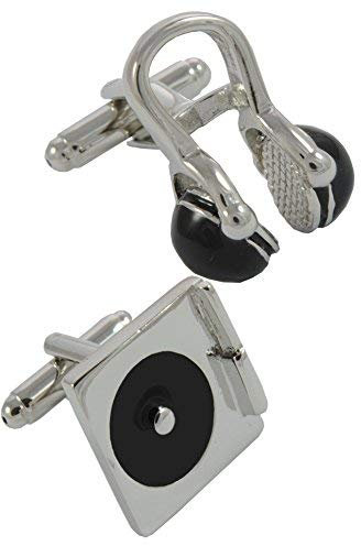 COLLAR AND CUFFS LONDON Gemelli Camicia Uomo Musica - con Scatola - Giradischi per DJ e Cuffie - Ottone - Colori Argento e Nero - Un Paio