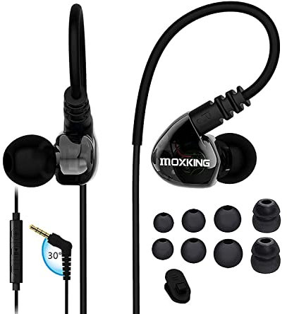 MOXKING Running Sports Earbud Headphones Wired Over Ear In Ear Headsets Noise Isolation waterproof Earbuds Enhanced Bass Stereo Earphones with Microphone and Remote for Running Jogging Gym (black)