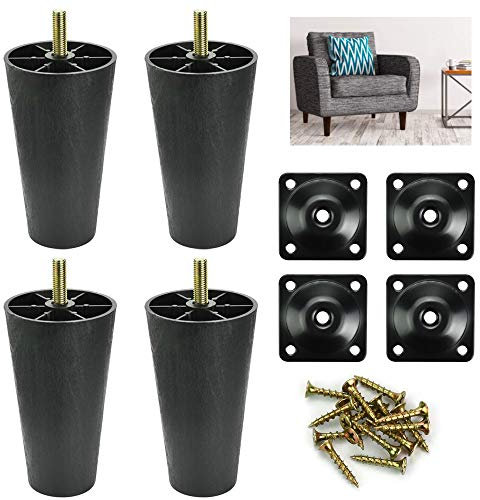 AFASOES 4 Stück Tischbeine Möbelfüße Kunststoff Set mit 16 Metallschraube & 4 Montageplatten Tischfüße Möbelbeine Schwarz Kunststoff Schrankfüße Sofafüße Sofa Füße Schwarz Matt für Möbelzubehör M8