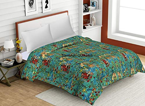 Kantha-Tagesdecke, handgefertigt, florales Muster, Boho-Bettwäsche, Queen-Size-Größe, Heimdekoration, Kantha-Bettbezug, Bohemian-Bettwäsche (Grün, Doppelbett, 152,4 x 228,6 cm)