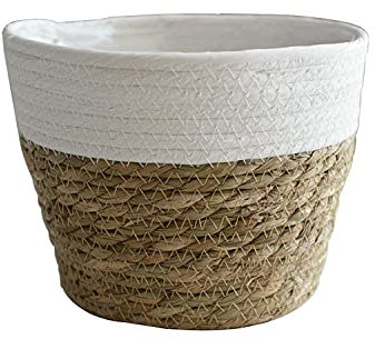 Koomuao Blumentöpfe Geflochten Pflanzkorb 3 Farben Seegras Pflanztöpfe Mit transparentem wasserdichtem Tuch Handgewebter Übertöpfe für Home Decor (Weiß, 22cm)