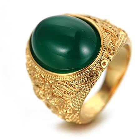 Gualiy Herren Ringe Edelstahl, Ring Für Männer Personalisiert, Vintage Blume mit grünem Stein Jubiläumsringaus Edelstahl Gold Ringgröße 57 (18.1)