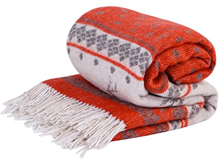 LYHome Coperta in Lana Merinos - Copriletto Plaid per Letto Divano, Singolo Una Piazza e Mezza Matrimoniale, Coperte Per Invernale Estiva Morbida Calda e Grande (140x200 cm, Rosso - Bianco Renna)