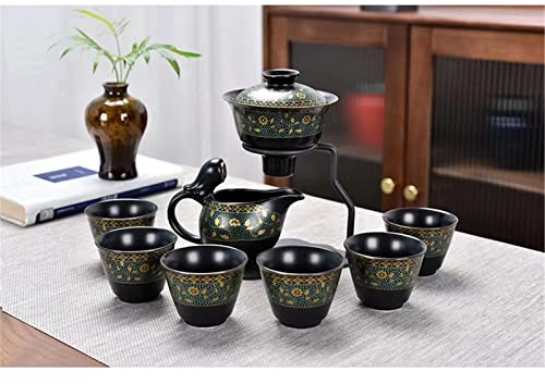 Mozeo Juego de té de cerámica Lazy Kung Fu con filtro magnético semiautomático, tetera y taza para regalos de inauguración de la casa en la oficina (negro)