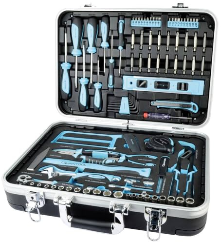 Quantool Werkzeugkoffer 98-tlg. aus Aluminium, schwarz, mit Steckschlüsselsatz und Schraubenschlüsseln, langlebig und vielseitig für Heimwerker, Maße: 46,5 × 16 × 34 cm | Q25102
