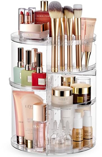 360 Rotating Makeup Organizer - Adjustable Shelf Height and Fully Rotatable. The Perfect Cosmetic Organizer for Bedroom Dresser or Vanity Countertop. (Clear)