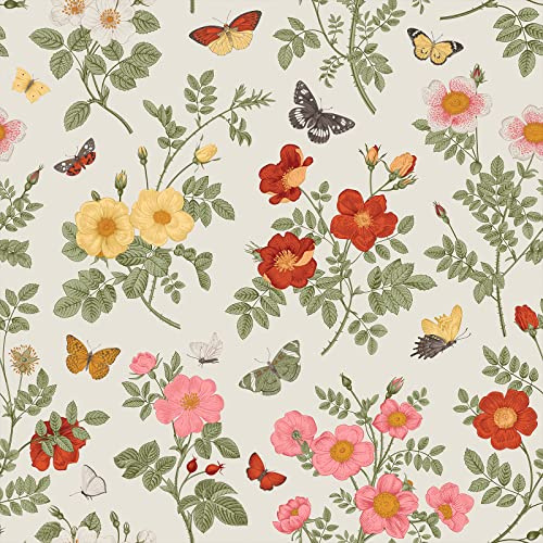 VEELIKE Tapete Blumen Beige Schmetterling Fototapete Schlafzimmer Tropische Blätter Tapeten Selbstklebend Blumentapete Vintage Möbelfolie Muster Schrankaufkleber Wand Dekoration 44.5cm x 300cm