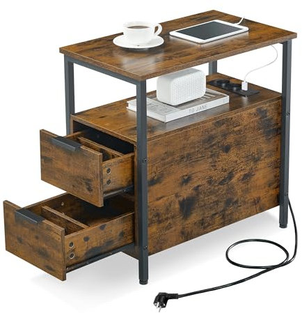 VASAGLE Beistelltisch, Nachttisch mit Steckdosenleiste, 2 Schubladen, Sofatisch, Nachtschrank für Wohnzimmer, Schlafzimmer, vintagebraun-tintenschwarz LET325B01