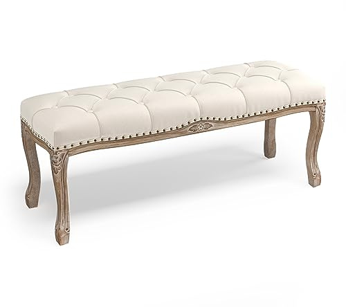 Cozyman Bedroom Bench, French Vintage Tufted Entryway Bench, 45.2 Carving Upholstered End of Bed Bench with Distressed Wood Legs, Linen Ottoman Seat for Living Room, Foyer, Dining Room, Beige