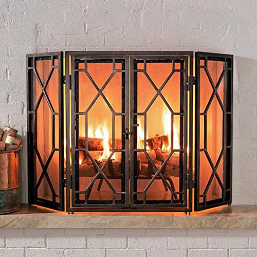 GTPBAO Salvachispas Chimenea Pantalla De Chimenea De Cobre Rojo con Puertas Dobles con Cerradura, Guardafuegos Plegables De 3 Paneles para Áreas De Chimenea De Pórtico/Quema De Leña