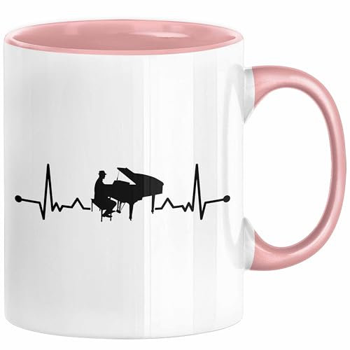 Trendation - Piano-Spieler Tasse Geschenk Klavier Kaffee-Becher Geschenkidee Flügel Musiker Klavier Klavier-Spieler Herzschlag (Rosa)