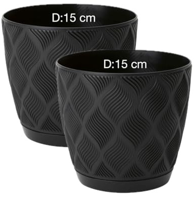 MELTOM Übertopf ECO 100% recycelt Blumentopf Kräutertopf mit Untersetzer 3D Muster 2er-Pack (Schwarz, M- 15 cm)
