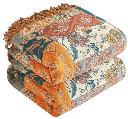 Boho Throw Blanket for Bed 60”x80”, 100% Cotton Woven Blanket for Couch Sofa, Ultra Soft 4-Layer Muslin Quilt with Patchwork Floral Printed, Farmhouse Bed Blanket/Cover for Living Room Decor