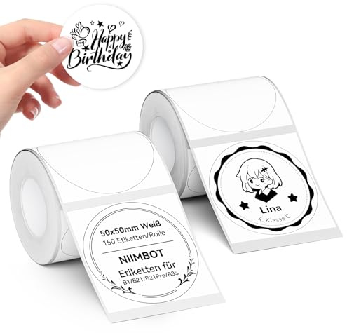 NIIMBOT Selbstklebende Etiketten Rolle, Etikettenband für B1 / B21 / B3S, 2 Rollen Runde Beschriftungsetiketten Aufkleber Bänder Wasserfest Abriebfest Thermopapier (Weiß, 2 Rollen 50x50 Rund)