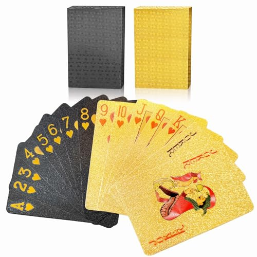 MageJoy Pokerkarten Plastik, 2 Decks, Schwarz-Gold, wasserfest für Poker | Waterproof, durable, flexible, washable, tear-resistant, fade-proof, rigid, lightweight, non-sticky, scratch-resistant