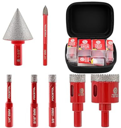 FOCSTOL Punte per Trapano Diamantate - 7 pezzi (6/8/10/20/35mm+35mm Punte per Smusso+6mm Punta in Carburo) Sega a Tazza Diamantata per Porcellanato Ceramica Piastrelle Marmo Granito