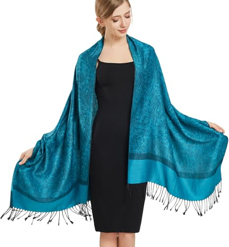 vimate silkeslen paisleymönstrad pashminasjal scarf dam mjuk dubbelsidig jacquard pashminas sjal för aftonklänning resesjal, A-cyan blå, 27.5x 70.8 inch (70x180cm)