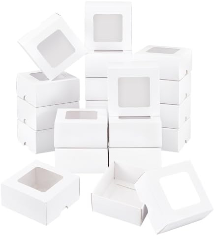 BENECREAT 20 Stück Weiße Kraftpapierbox Mit Klarem Fenster, 8x8x4cm Quadratische Geschenkbox Aus Kraftpapier Für Hochzeitsfeiergeschenke Und Schmuckverpackungen