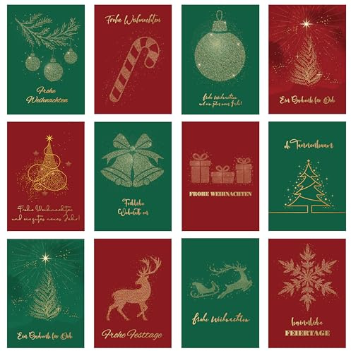 BIROYAL 12er Weihnachtskarten 2027 mit Umschlag Set - Goldprägung Karte Weihnachten - A6 Weihnachtskarte 2027 - Grußkarten Weihnachten - Christmas Card - Weihnachtsgrußkarten für Familie, Freunde