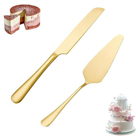 Heting-YQ 2 Stück Hochzeits Tortenmesser und Server Set Gold Edelstahl Kuchenmesser & Tortenheber Kuchenheber Tortenmesser für Geburtstag Partys