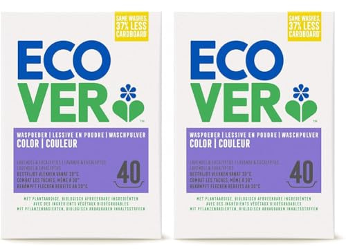 Ecover Lessive en Poudre Couleur, Nettoyant à Base de Plantes, Eco-Responsable, Doux pour la Peau, Parfum Lavande, 40 Lavages, Boîte de 3 kg (Lot de 2)