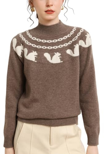 DISSA Women Cashmere Jumper Brown Stand Neck Knitted Jumper Long Sleeve Relaxed Cashmere Wool Thick Rabbit-Patterned Ladies Sweater,UK 12,MZ2422