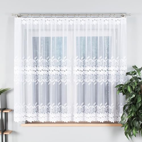 Gardinen Vorhangen Weiß 300x160 cm (BxH) Milton Jacquard Kurz Lang Vorhänge mit Kräuselband Wohnzimmer Gardinenschals Schlafzimmer Küchenvorhang Blumen Motiv