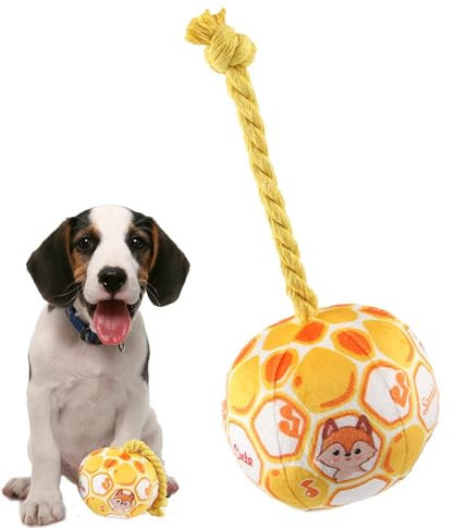 Jolly Ball für Hunde - Verschleißfester Hund Elastischer Fußball mit Baumwollseil | Bissfester Haustierball Zahnen Hundespielzeug für längeres Kauen und interaktives Spielen (Gelb)