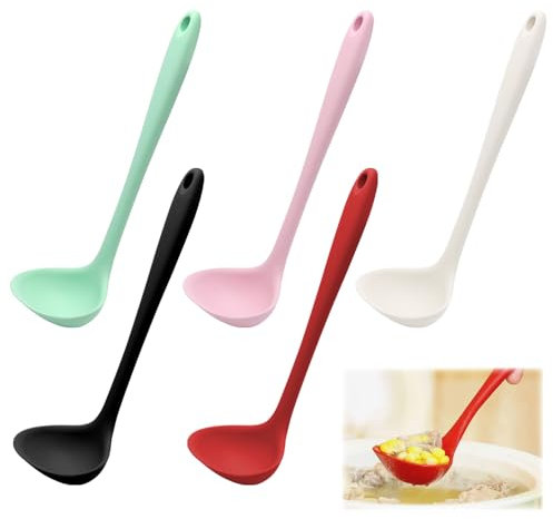 Aoyswuz 5 Pcs Silicone Ladle 5 Colors 21 cm Long Handled Soup Ladle BPA-Free Silicone Small Soup Spoon for Cooking and Dining