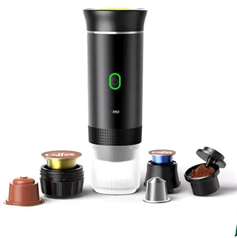 DENOKIN Portable 3-in-1 Coffee Machine - Compatible with Capsules & Powder - Black - 6E+1 ml - Modern Design - Wireless & Refillable - Ideal for Office, Hiking, Camping, Travel