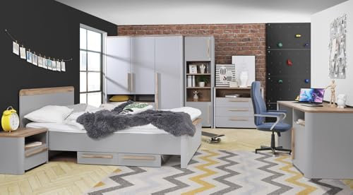 Jugendzimmer Surfino, 7-teiliges Komplett Set, modernes Kinderzimmer in Grau und Catania Eiche, Kleiderschrank, Bett mit Bettschubkasten und Nachttisch, Standregal, Kommode und Schreibtisch