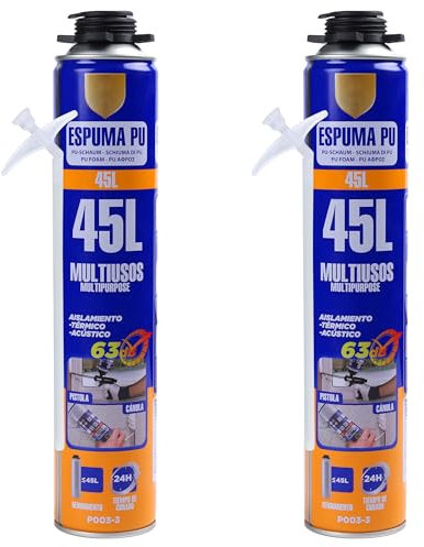 Espuma de Poliuretano 750ml con Cánula – Aislamiento Térmico y Acústico – Expansiva y de Secado Rápido – Para Construcción, Sellado y Reparación de Grietas, Pack de 2 unidades