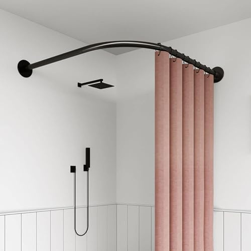 Duschvorhangstange L Form Ohne Bohren Ecke Halterung 70-95x105-165cm | Schwarz Edelstahl Verstellbare Duschstange Für Duschvorhang Badewanne Schiene, als Kleiderstange Oder Raumteiler
