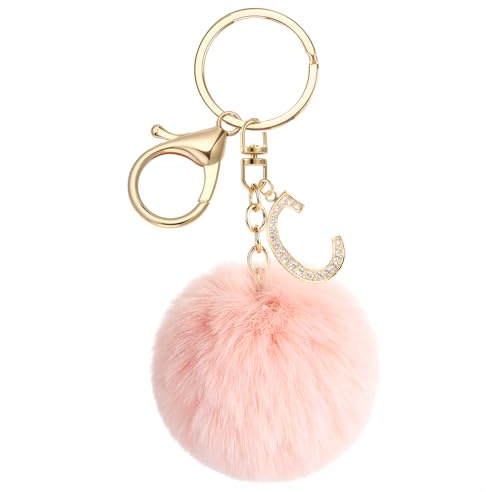 JSRQT Schlüsselanhänger Buchstabe mit Rosa Pompons, Kristall Strass Metall Namens Alphabet Schlüsselanhänger, Weicher Plüsch Taschenanhänger Keychian