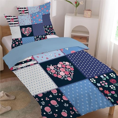 Housse de Couette 140x200 Enfant Patchwork Fleurs Rose avec 2 Taies d’Oreiller 65x65 cm, Parure de Lit 1 Personne Imprimée Plaid à Pois - Linge de lit Réversible avec Fermeture Éclair
