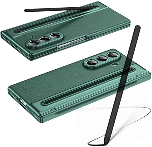 Hülle für Galaxy Z Fold7 mit Stylus Pen, Z Fold 7 Cover mit Displayschutzfolie vorne + S Pen-Steckplatz, Lederhülle für Samsung Galaxy Z Fold7 mit Scharnierschutz-Grün