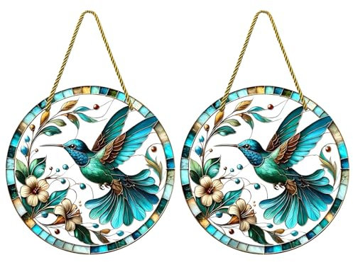 2 Pcs Ornaments for Living Room, Hanging Garden Ornaments for Outdoor Fence Decor, Garden Hanging Ornaments for Patio, Yard, Porch, and Indoor Spaces, Blue Hummingbird Decorations with Golden Ropes
