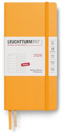 LEUCHTTURM1917 372880 veckokalender och anteckningsbok prickig plånbok (B6 x A6) 2026, Rising Sun, engelska