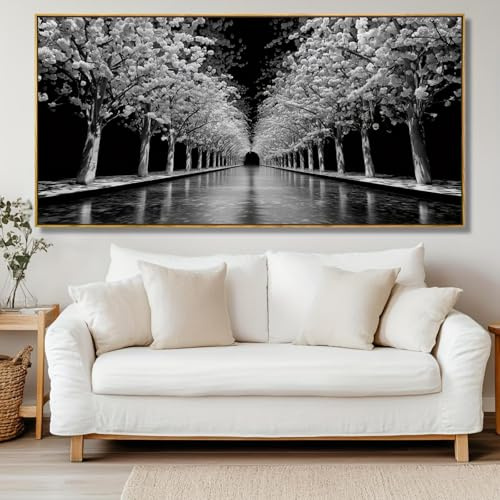IXEHOH Lienzo grande enmarcado con un camino de flores de cerezo negro,imágenes de paisaje para sala de estar,arte de pared moderno,decoración de pared,21 x 40 cm (8 x 16 pulgadas) con marco dorado