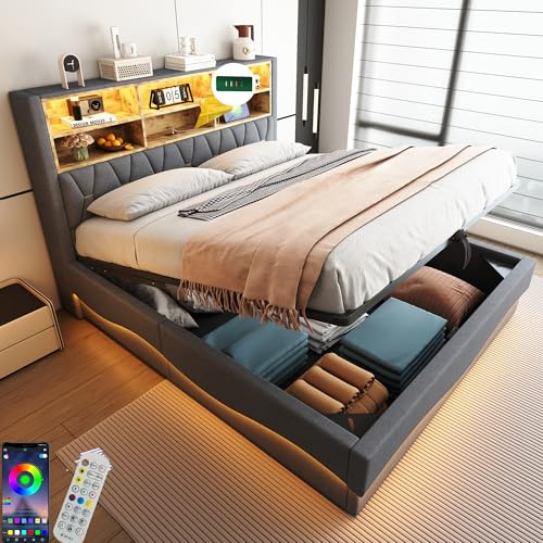HOXINBLY Letto Contenitore 180x200 con LED e USB, con vano Contenitore Idraulico, con Rete a doghe in Metallo, Struttura in Lino Grigio (Senza Materasso)